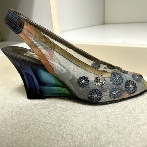 PENSATO Elegant Blue Mesh Floral Wedges with Transparent Heel